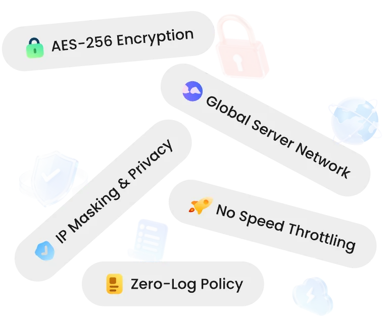 VPN features: AES-256 Encryption, Global Server Network, IP Masking, No Speed Throttling, Zero-Log Policy